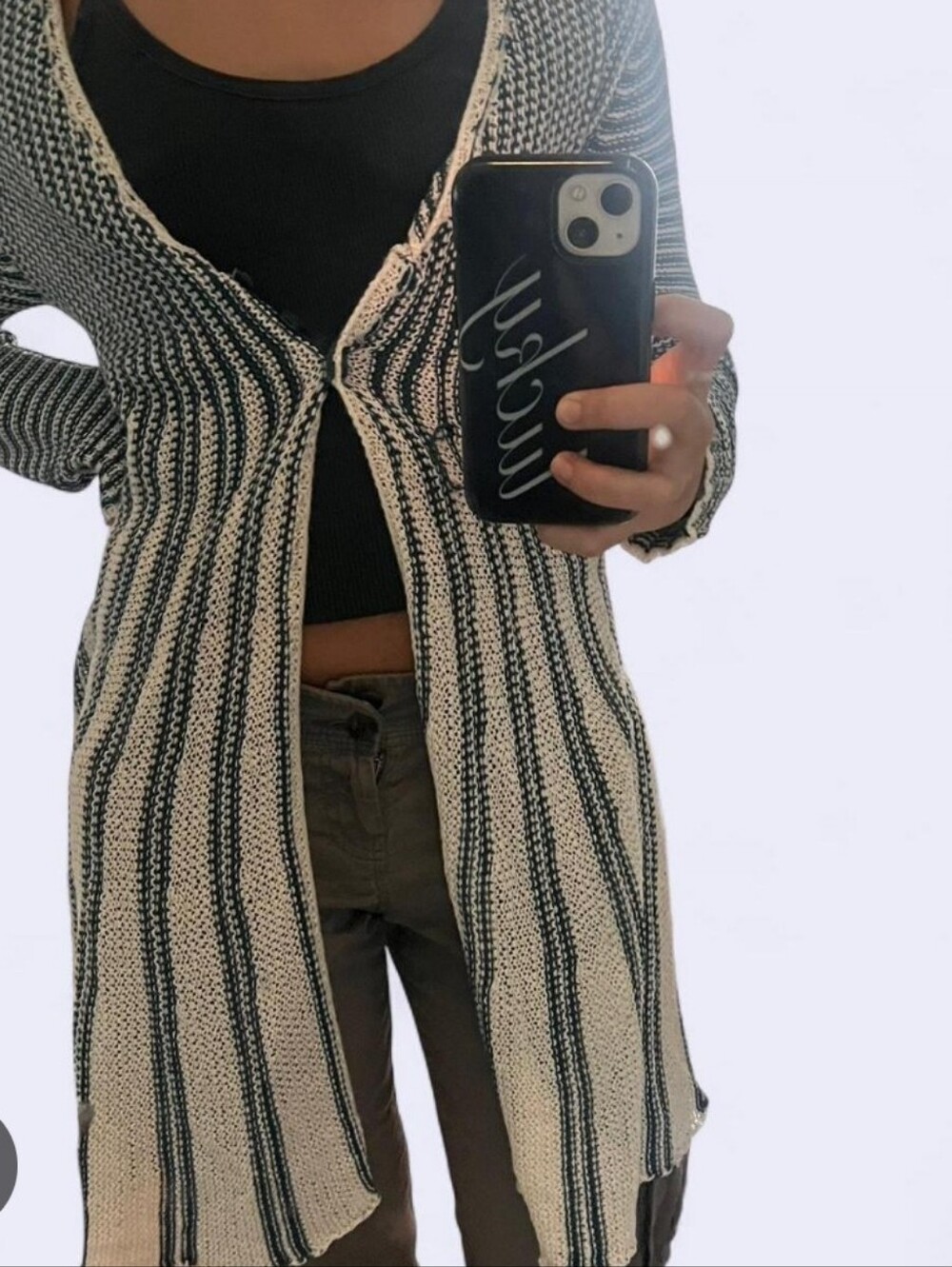 Monoreno Blue Striped Open-Front Long Cardigan Sweater in Navy and Cream Sz M